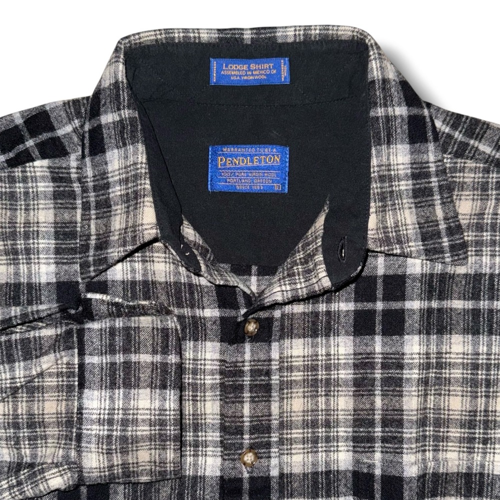 Pendleton Lodge Shirt Mens XL Black White Plaid 100% Virgin Wool Button Down